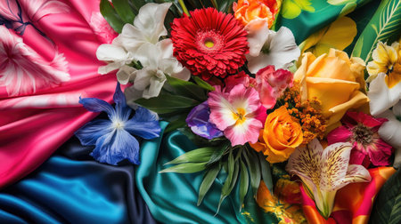 Discover a stunning display of vibrant flowers arranged on luxurious fabric. This creative design showcases the beauty of nature with striking colors and textures.の素材