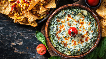 A creamy spinach artichoke dip served with crispy chips, perfect for parties or gatherings. This dish offers a delightful blend of flavors and textures.の素材