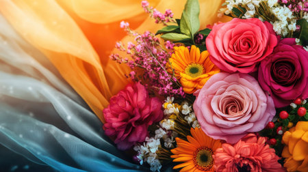 An eye-catching arrangement of vibrant flowers on a soft textile backdrop, showcasing a beautiful fusion of colors and textures, perfect for spring celebrations.の素材
