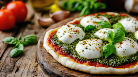 A mouth-watering Pinsa Romana topped with fresh basil, mozzarella, and pesto sauce, perfect for any culinary occasion. Enjoy this rustic pizza with vibrant ingredients.の素材