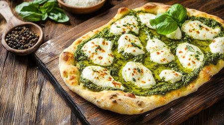 Enjoy a beautifully crafted pinsa romana topped with pesto, mozzarella, and fresh basil. A perfect blend of flavors for any meal or gathering.の素材