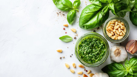 A vibrant display of fresh basil and pesto ingredients. Featuring garlic, pine nuts, and herbs, this composition showcases a healthy and aromatic culinary experience.の素材