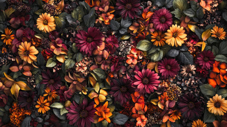 An intricate floral composition showcasing a vibrant mix of flowers and leaves, perfect for adding energy and beauty to any project or design.の素材