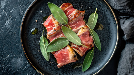 A beautifully arranged gourmet dish featuring tender meat and vibrant herbs, presenting an elegant culinary creation perfect for any dining occasion.の素材