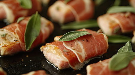 A gourmet close-up of a modern style meat dish showcasing tender rolls wrapped in prosciutto with fresh herbs, perfect for culinary enthusiasts and food photography lovers.の素材