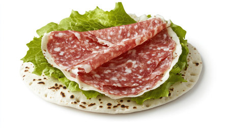 Enjoy a freshly made piadina featuring thin slices of salami and crisp lettuce, ideal for a flavorful Italian snack or light meal, bursting with taste.の素材