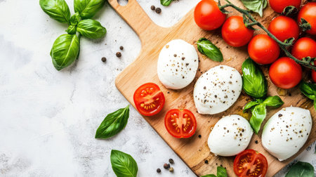 A beautifully arranged flatlay of fresh mozzarella, ripe tomatoes, and vibrant basil showcases the essence of Italian cuisine, perfect for culinary inspiration.の素材