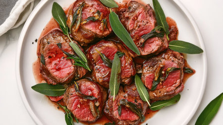 Discover a visually stunning plate featuring tender meat garnished with fresh herbs. Perfect for gourmet meals and elegant dining experiences.の素材