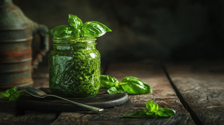 A visually appealing jar of homemade pesto alla genovese, surrounded by fresh basil leaves on a rustic wooden board, perfect for culinary inspiration.の素材