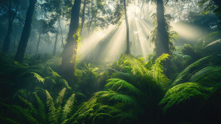 Experience the tranquility of a misty rainforest where towering ferns thrive under gentle rays of sunlight, creating a serene and vibrant natural habitat.の素材