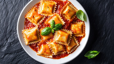 A minimalist top view of ravioli topped with rich tomato sauce and fresh basil, perfect for showcasing culinary art and delicious meals.の素材