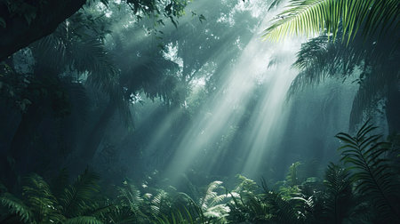 Discover a tranquil rainforest scene featuring towering ferns and soft rays of light piercing through the mist. Perfect for nature lovers and adventurers.の素材