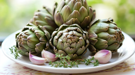 A beautiful presentation of fresh artichokes on a white plate, perfect for culinary inspiration. Ideal for healthy cooking and recipe creation.の素材