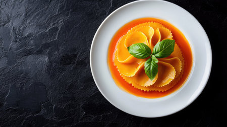 A stunning top view of minimalist ravioli served on a plate with vibrant tomato sauce and fresh basil, perfect for showcasing culinary artistry.の素材
