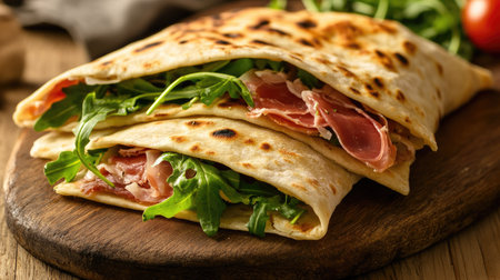 A rustic wooden board displays a delicious sandwich with fresh arugula and prosciutto. Perfect for a healthy meal or snack, showcasing natural ingredients.の素材
