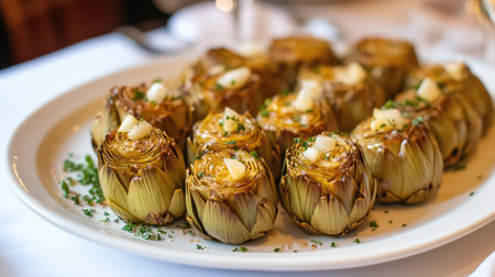 A stunning presentation of artichokes elegantly served, showcasing their vibrant colors and delicate textures, perfect for gourmet dining experiences.の素材