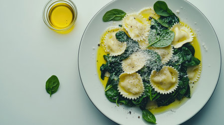 A vibrant plate featuring freshly cooked cheese ravioli atop a bed of spinach, drizzled with olive oil, perfect for a delicious meal.の素材