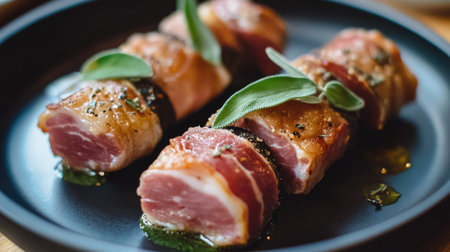 A modern interpretation of traditional saltimbocca featuring tender meat, fresh herbs, and an elegant presentation, perfect for gourmet dining experiences.の素材