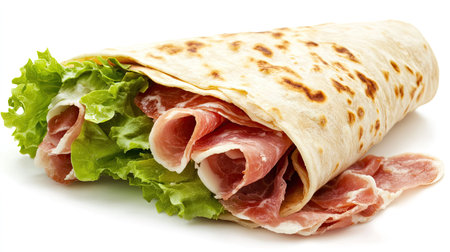A fresh and delicious flatbread wrap filled with tender sliced meat and crisp lettuce, perfect for a satisfying snack or meal. Ideal for food photography.の素材
