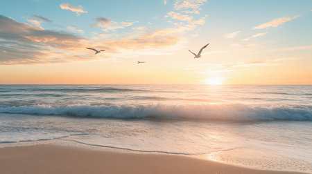 Enjoy a serene sunset view over a peaceful beach, where gentle waves meet soft sands. The sky transforms into a canvas of warm colors, creating a tranquil atmosphere perfect for relaxation and reflection.の素材