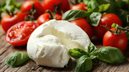 A vibrant display of fresh mozzarella, ripe tomatoes, and aromatic basil, perfect for culinary inspiration. Ideal for recipes, presentations, and healthy eating.の素材