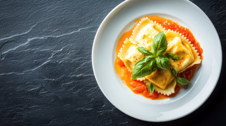A vibrant plate of ravioli in rich tomato sauce, garnished with fresh basil leaves. Perfect for showcasing delicious Italian cuisine in any culinary setting.の素材