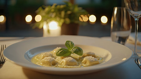 A beautifully plated serving of ravioli in a rich butter sauce, garnished with fresh basil, perfect for an elegant dining experience in candlelight.の素材