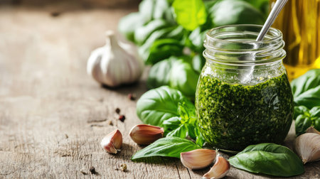 A charming rustic wooden table showcases a jar filled with vibrant fresh pesto. Surrounded by garlic and basil, this scene evokes a sense of culinary delight and natural ingredients.の素材