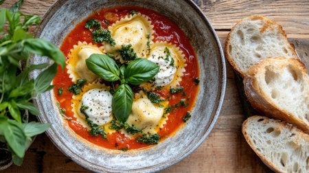 A bowl of fresh ravioli in rich tomato sauce garnished with basil. Perfect for a delicious meal, this dish showcases Italian culinary tradition and flavors.の素材