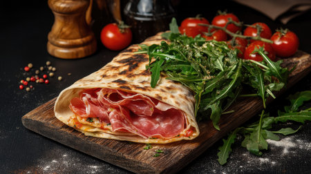 A rustic wooden board showcasing delicious cold cuts and fresh greens, perfect for a gourmet dining experience. Enhance your culinary presentation.の素材