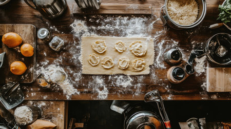Capture the essence of rustic cooking with this kitchen scene featuring fresh ravioli. Flour-dusted countertops and vibrant ingredients create a cozy culinary art atmosphere.の素材
