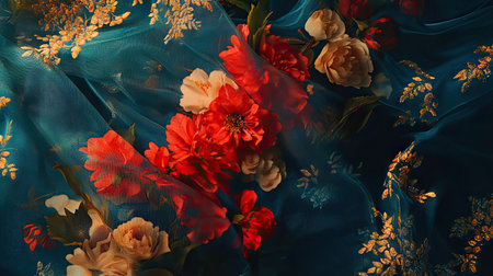 A striking floral arrangement featuring vibrant flowers set against a colorful fabric backdrop, perfect for artful photography or stylish decor.の素材