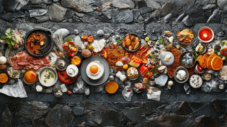 A stunning collage showcasing a variety of traditional dishes, artfully arranged on a dark stone surface. Perfect for food lovers and cultural themes.の素材