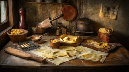 Capture the essence of a rustic kitchen with fresh ravioli being prepared on a wooden table, showcasing culinary artistry and warm, inviting ambiance.の素材