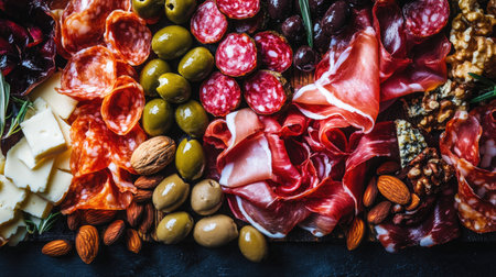 Capture the essence of a gourmet charcuterie platter featuring prosciutto, salami, olives, nuts, and cheese, perfect for any occasion or celebration.の素材