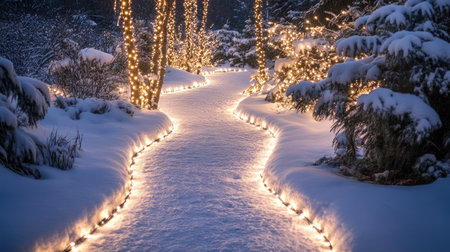 A beautifully lit snowy pathway adorned with Christmas lights, offering a serene winter evening scene, perfect for holiday-themed designs and inspirations.の素材