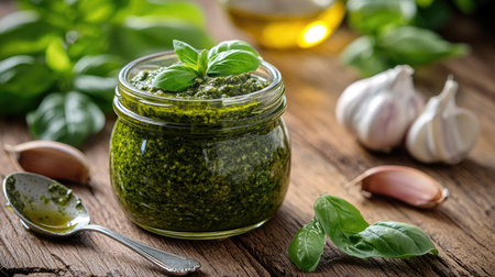 A rustic wooden table showcases a jar of fresh basil pesto surrounded by garlic and basil leaves, capturing the essence of natural cooking and vibrant flavors.の素材