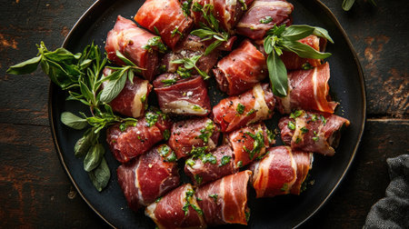 A captivating overhead view of a gourmet meat dish, beautifully arranged on a dark plate with fresh herbs, highlighting vibrant colors and textures.の素材