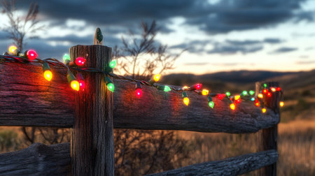 A strand of colorful Christmas lights hangs on a rustic wooden fence during dusk, creating a warm, festive atmosphere against a serene landscape backdrop.の素材