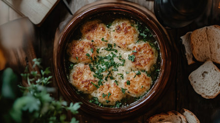A rustic wooden table displays a delicious dish, garnished with fresh herbs, creating a warm and inviting dining atmosphere perfect for gatherings.の素材