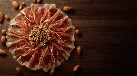This elegant arrangement features delicate slices of prosciutto surrounded by almonds, perfect for a gourmet platter or a savory appetizer display.の素材