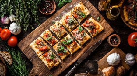 Discover a stunning overhead shot of authentic Italian focaccia bread, freshly baked and beautifully garnished with herbs, tomatoes, and spices on a rustic wooden table.の素材