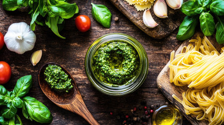 A top view of a rustic wooden table showcasing fresh ingredients for a delicious meal, featuring vibrant pesto, pasta, and herbs, perfect for culinary inspiration.の素材