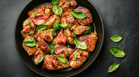 A stylish presentation of traditional Saltimbocca alla Romana featuring succulent chicken, fresh basil, and prosciutto, perfect for gourmet meals and food photography.の素材