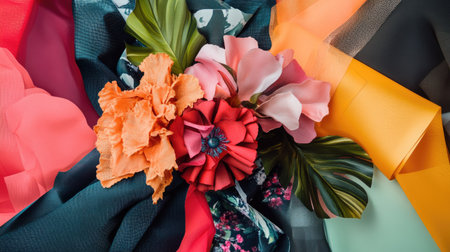 A stunning arrangement of colorful flowers alongside vibrant fabric layers, showcasing a mix of textures and hues ideal for artistic and decorative projects.の素材