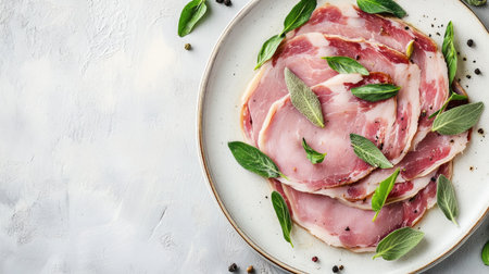 A beautifully styled plate of sliced Saltimbocca alla Romana garnished with fresh herbs. Ideal for showcasing Italian cuisine in a gourmet setting.の素材