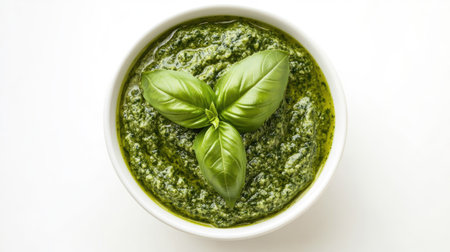 A top view of a white bowl filled with vibrant green basil sauce, showcasing fresh basil leaves on top. Perfect for culinary and food-related projects.の素材