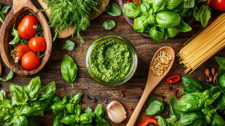 A rustic wooden table showcases fresh ingredients like basil, tomatoes, and pesto, perfect for culinary enthusiasts. Ideal for food styling and cooking themes.の素材