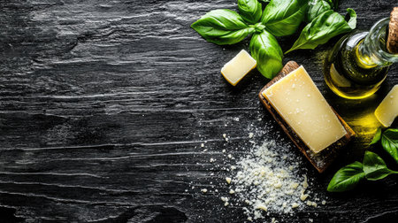 Discover fresh basil leaves, grated cheese, and olive oil arranged artfully on a wooden surface, perfect for culinary crafts and vibrant dishes.の素材