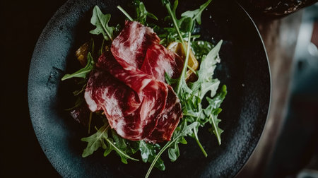 A stunning top view of a gourmet black plate featuring a fresh salad with arugula and slices of meat, perfect for restaurant or culinary themes.の素材